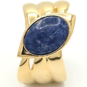 Gold tone chunky cuff bracelet - blue sodalite stone 1.75 in - retro hinged